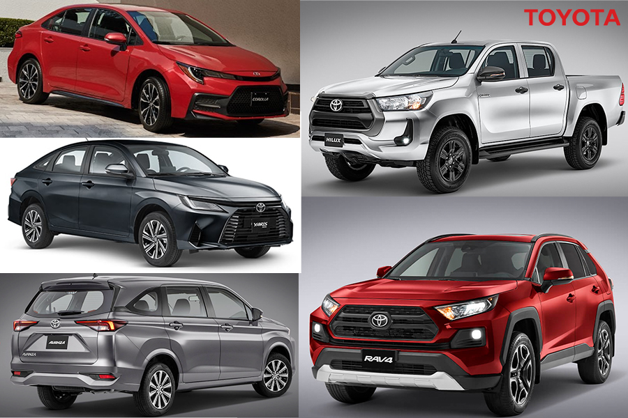  Modelos más vendidos por Toyota México en el primer trimestre 2023:  Hilux, RAV4, Avanza Corolla, Yaris Sedan. Actualmente  en se ofertan  Prius, Corolla, Camry, RAV4, Highlander, Sienna, Sequoia y Tundra en su versión HEV.