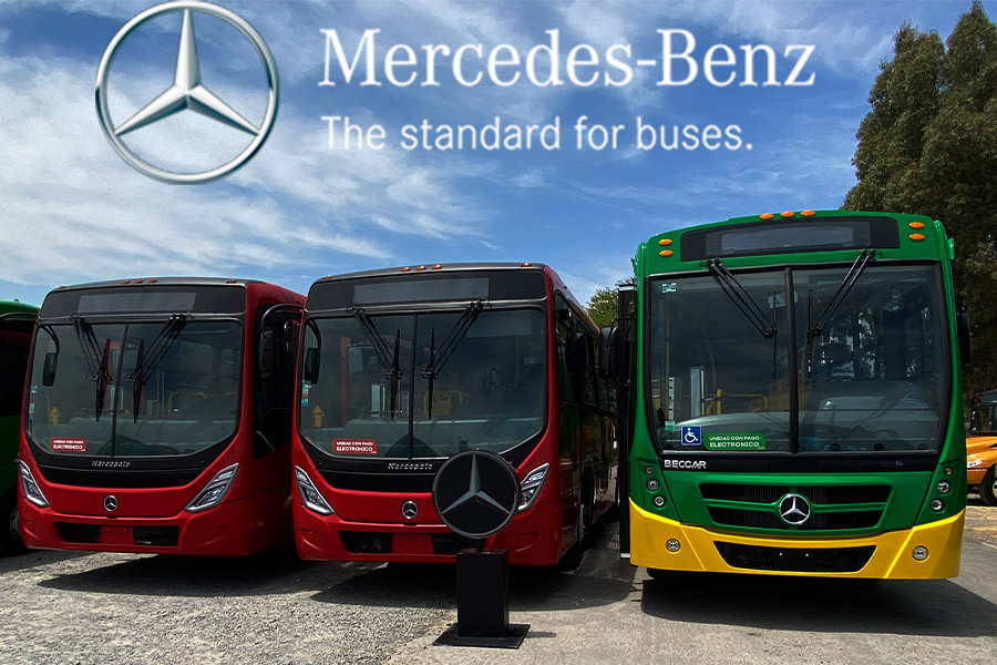 Autobuses Mercedes-Benz para Mi Transporte en colores rojo y verde con amarillo.