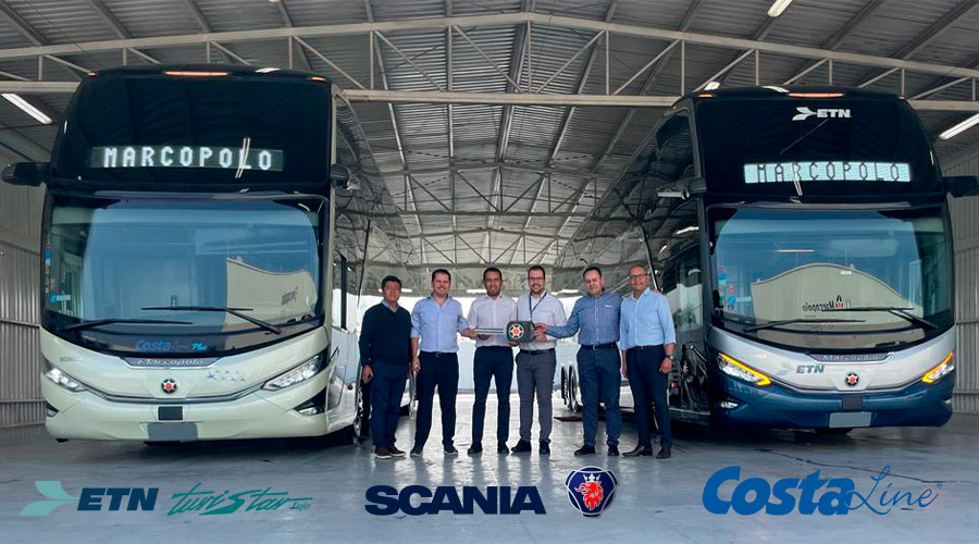 Directivos de ETN y Costa Line empresas de Inversionistas en Autotransportes Mexicanos, IAMSA, en la entrega de los autobuses Scania con motor Euro VI