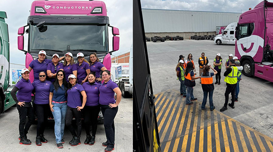 Clara Fragoso acompañada de las integrantes de la sexta generación de Conductoras Scania