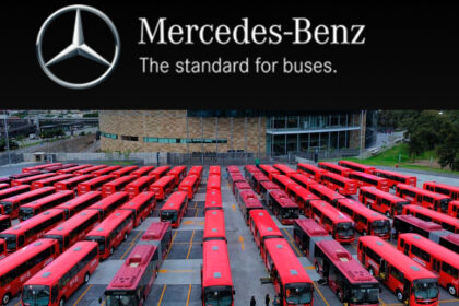 Vista aérea de los 75 autobuses Mercedes-Benz entregados al Gobierno de Jalisco dentro del programa Mi Transporte Tren Ligero Factor automotor