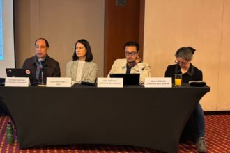 Stephan Brodziak, coordinador de la campaña de seguridad vial del Poder del Consumidor; Carolina Pérez, del INSP; José Arévalo, del Instituto Sur Urbano y Areli Carreón, de la Coalición Movilidad Segura, durante una conferencia. Factor Automotor