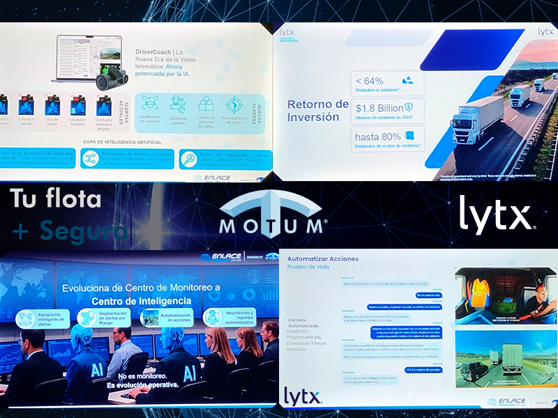 Panel visual de Tecnomotum y Lytx con datos de retorno de inversión, reducción de siniestros y capacidades de inteligencia artificial presentados en Expo Transporte 2025