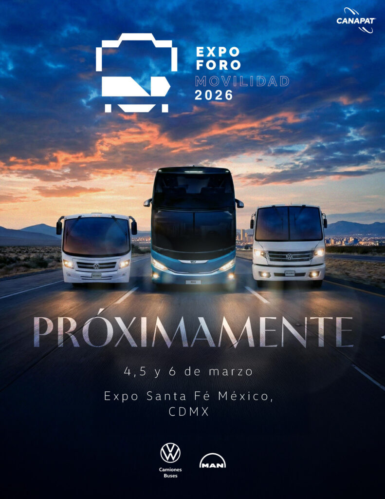 Autobuses Volkswagen y MAN alineados en carretera como parte de la imagen promocional previa a Volkswagen Expo Foro 2026, evento que se realizará del 4 al 6 de marzo en Expo Santa Fe, Ciudad de México.
