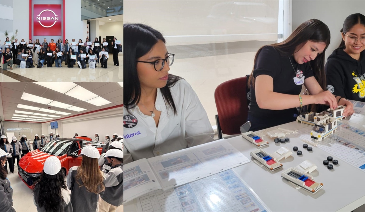 Estudiantes participan en Women On Wheels en la planta A2 de Nissan en Aguascalientes.
