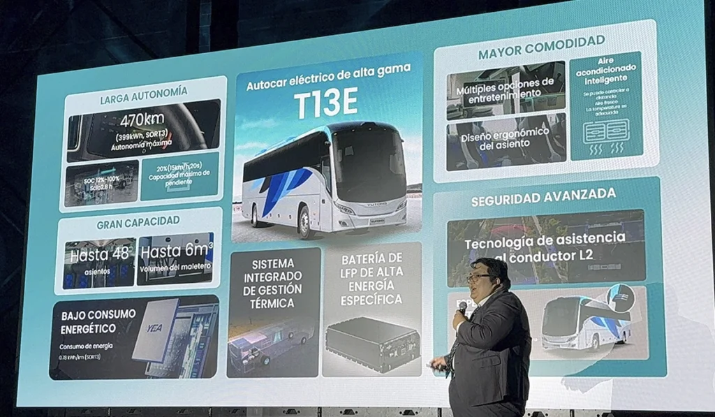 Diego Bao, director comercial de Zona Sur de Yutong México, presenta las características del autobús eléctrico Yutong T13E durante su lanzamiento en México