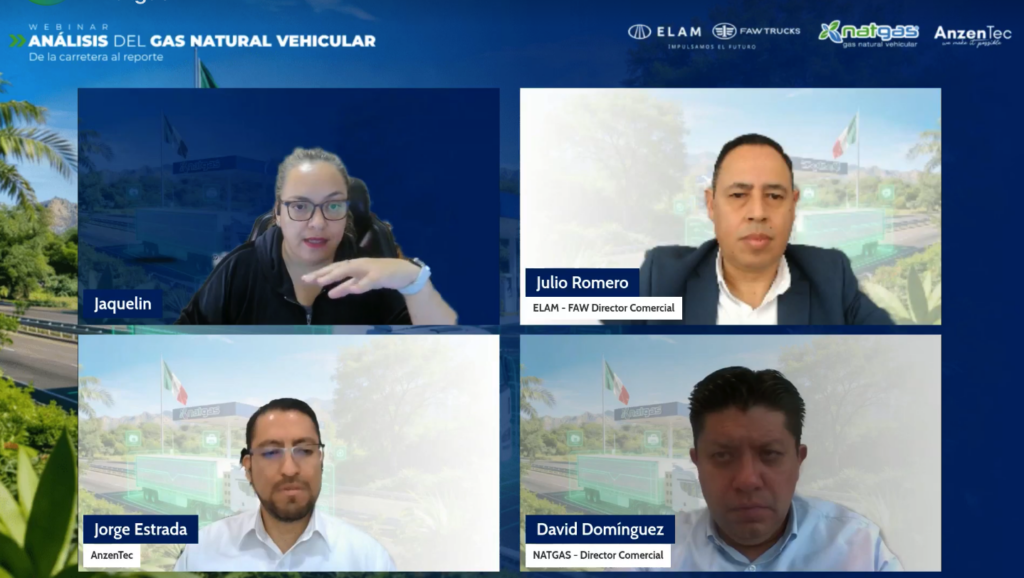 (De izq. a der.) Jaqueline, Julio Romero, director comercial de ELAM FAW,  Jorge Estrada, CEO de AnzenTec, y David Domínguez, de NATGAS, durante el webinar De la carretera al reporte. 