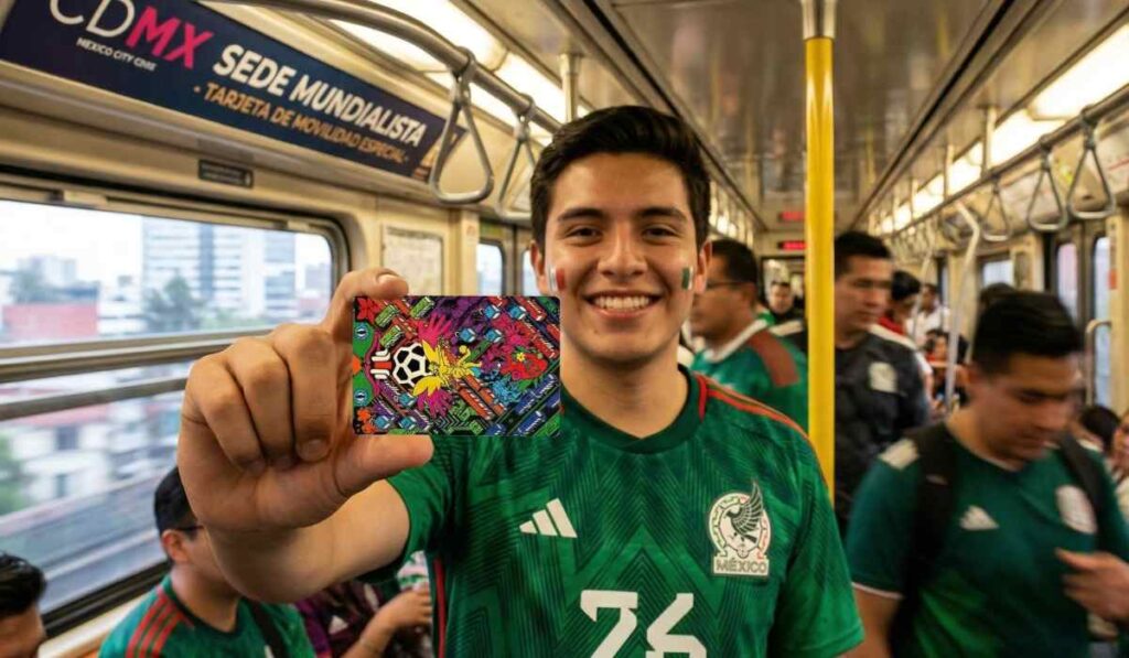 Aficionado muestra la Tarjeta de Movilidad Integrada edición especial Mundial 2026 dentro de un vagón del Metro de la Ciudad de México.