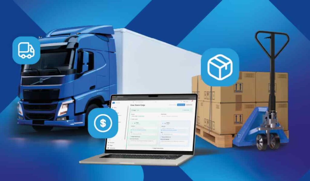 Ilustración de logística inteligente con un camión de carga, una plataforma digital de gestión, cajas sobre una tarima e íconos de transporte y costos.
