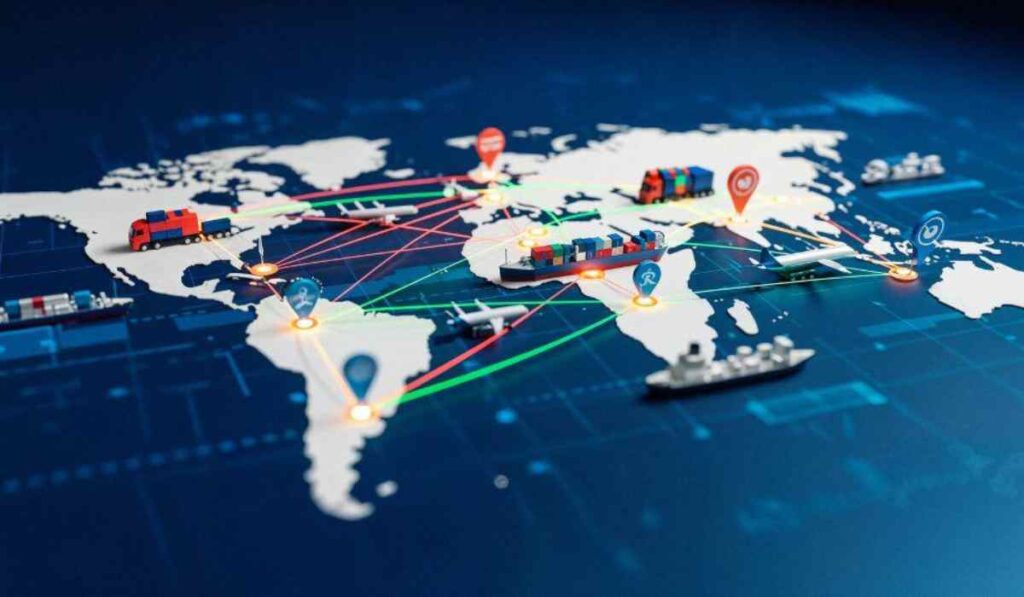 Mapa mundial con rutas de transporte marítimo, terrestre y aéreo que representan las cadenas de suministro y la logística global.