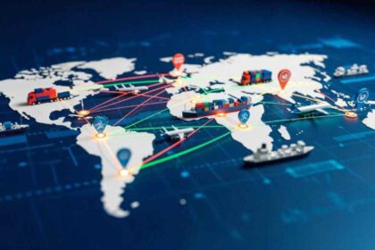 Mapa mundial con rutas de transporte marítimo, terrestre y aéreo que representan las cadenas de suministro y la logística global.