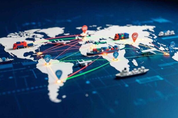 Mapa mundial con rutas de transporte marítimo, terrestre y aéreo que representan las cadenas de suministro y la logística global.