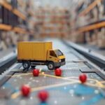 Camión de carga en miniatura sobre una ruta de distribución dentro de un almacén logístico, representación de la logística urbana y la última milla.