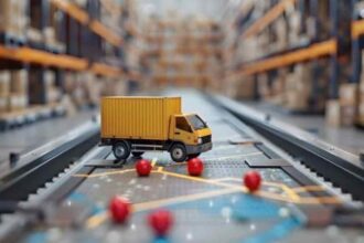 Camión de carga en miniatura sobre una ruta de distribución dentro de un almacén logístico, representación de la logística urbana y la última milla.