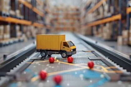 Camión de carga en miniatura sobre una ruta de distribución dentro de un almacén logístico, representación de la logística urbana y la última milla.