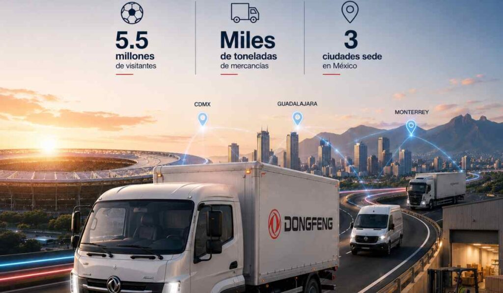 Camiones Dongfeng recorren las ciudades sede del Mundial 2026 en México como parte de las soluciones logísticas de Magma Automotive México para el transporte y abastecimiento.