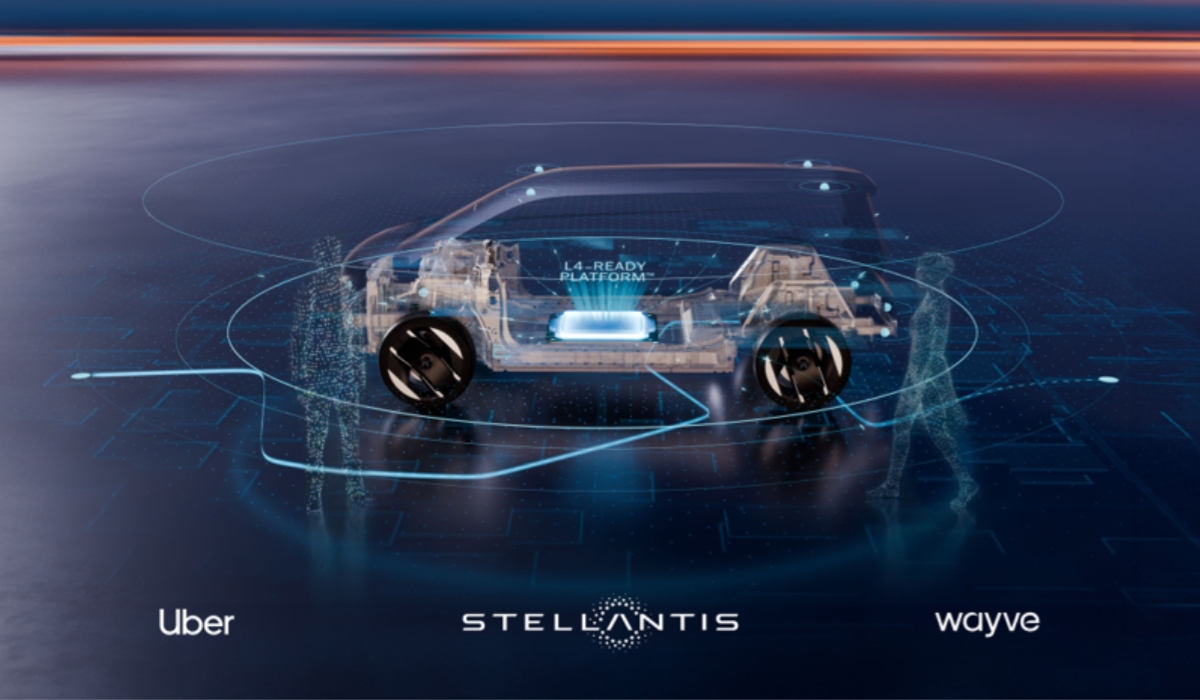 Representación digital de una plataforma de vehículo autónomo nivel 4 desarrollada por Stellantis, Uber y Wayve para servicios de robotaxi