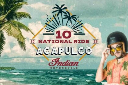 Banner oficial del 10th National Ride de Indian Motorcycle en Acapulco 2026 con paisaje de playa, palmeras y una persona con casco.
