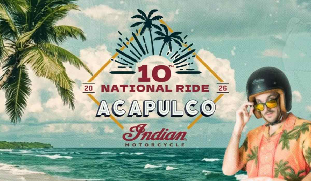 Banner oficial del 10th National Ride de Indian Motorcycle en Acapulco 2026 con paisaje de playa, palmeras y una persona con casco.
