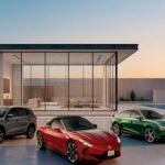 Vehículos híbridos y eléctricos de MG Motor, incluido el roadster eléctrico MG Cyberster, exhibidos frente a una residencia de diseño moderno durante el Goodwood Festival of Speed 2026.