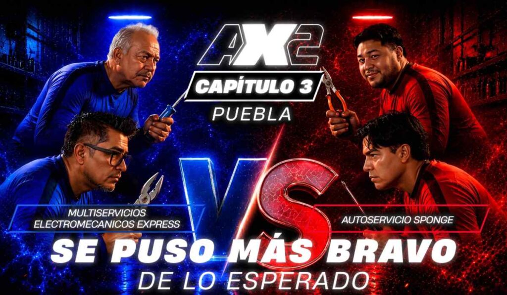Imagen promocional del tercer capítulo de Autoexpertos en Puebla con los equipos Multiservicios Electromecánicos Express y Autoservicio Sponge enfrentándose en una competencia de talleres mecánicos.