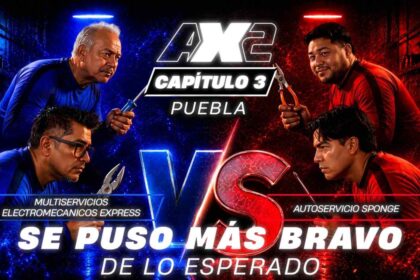 Imagen promocional del tercer capítulo de Autoexpertos en Puebla con los equipos Multiservicios Electromecánicos Express y Autoservicio Sponge enfrentándose en una competencia de talleres mecánicos.