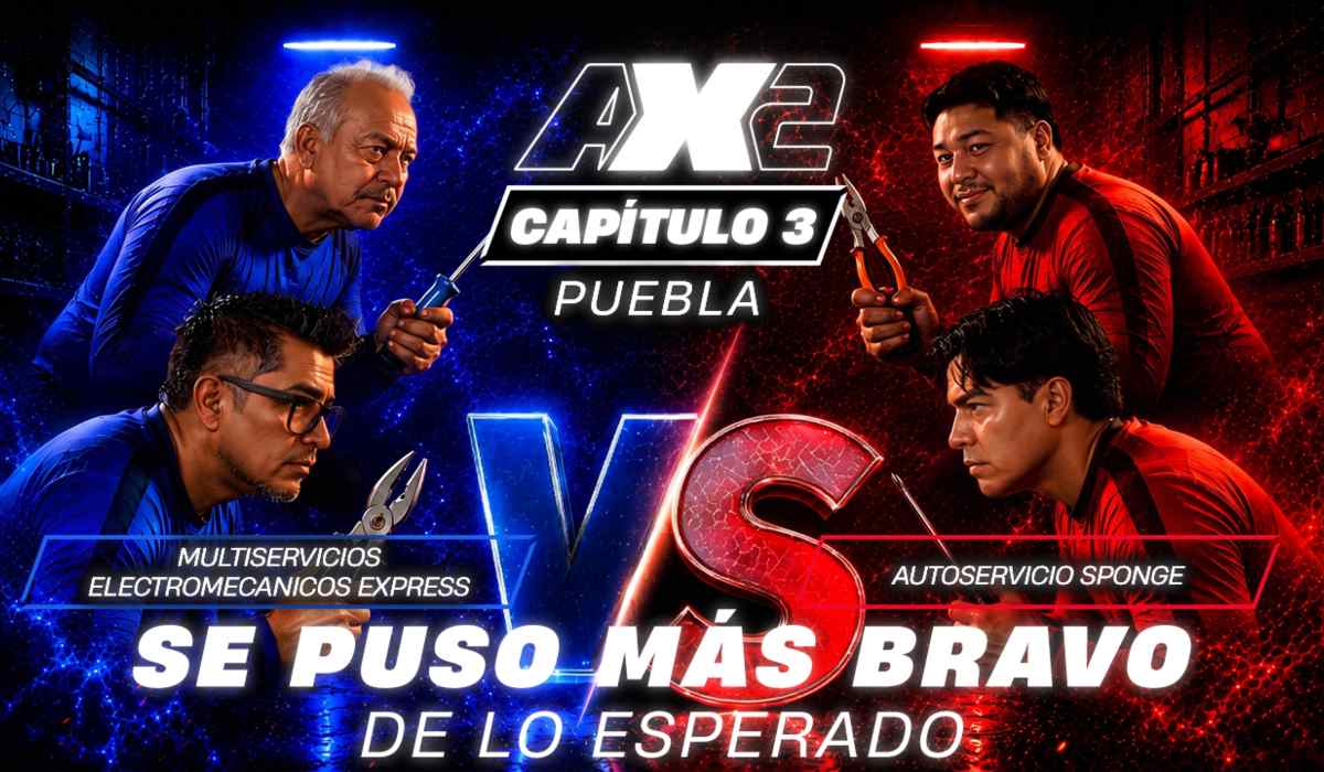 Imagen promocional del tercer capítulo de Autoexpertos en Puebla con los equipos Multiservicios Electromecánicos Express y Autoservicio Sponge enfrentándose en una competencia de talleres mecánicos.