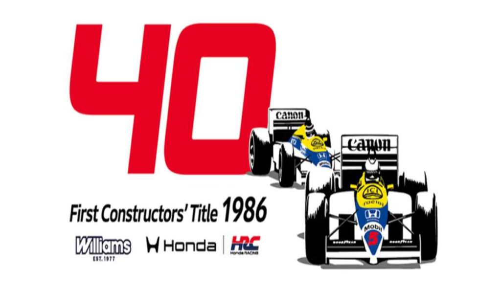Gráfico conmemorativo del 40 aniversario del primer Campeonato de Constructores de Honda en Fórmula 1, logrado en 1986 con el Williams Honda FW11.