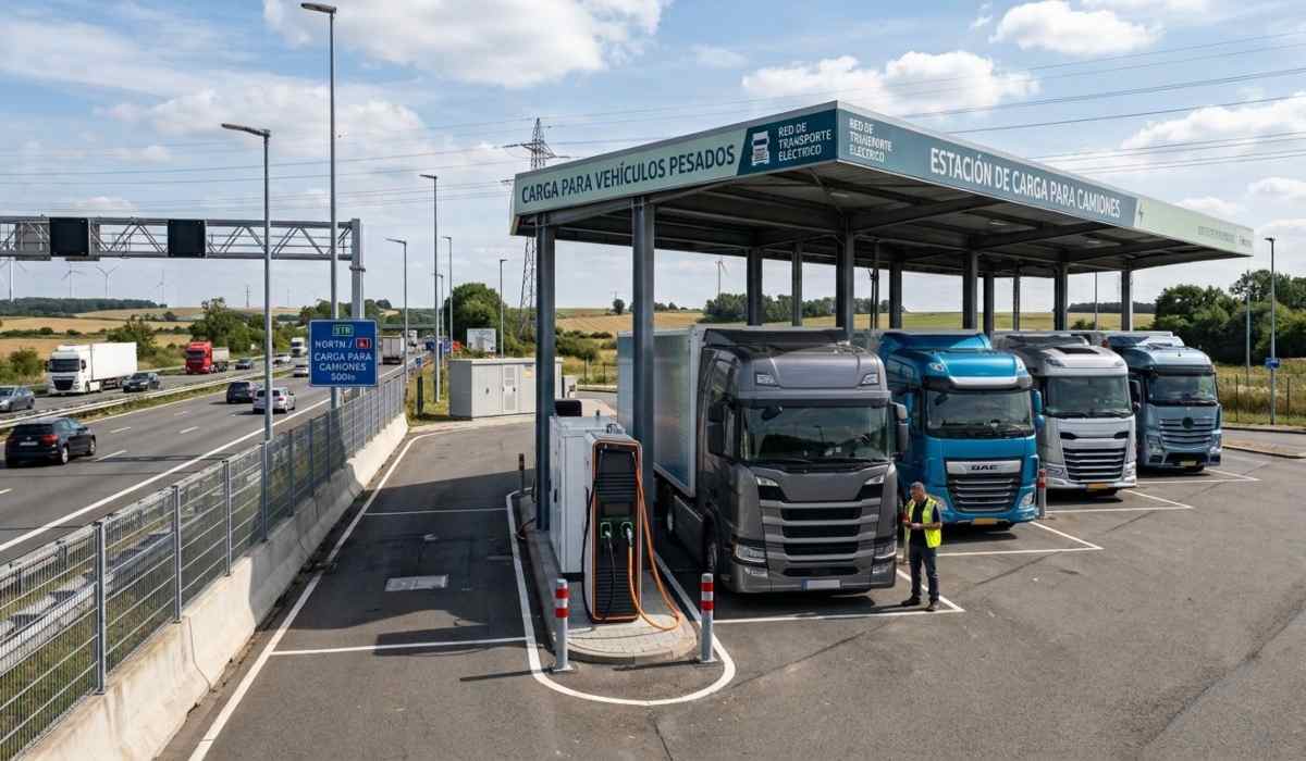Estación de carga para vehículos pesados con camiones eléctricos junto a una carretera