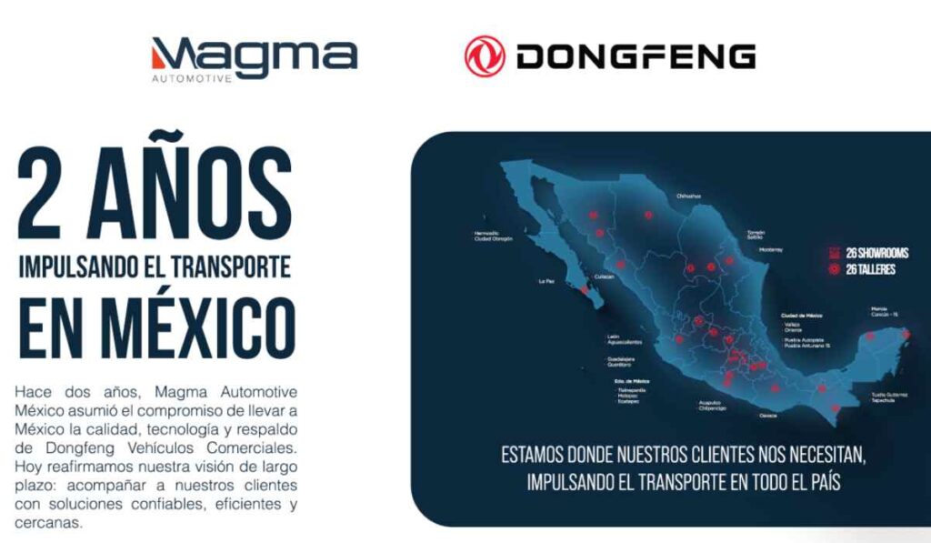 Infografía de Grupo Magma y Dongfeng Vehículos Comerciales que conmemora dos años de operaciones en México, mostrando un mapa con la cobertura nacional de 26 showrooms y 26 talleres.