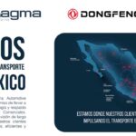 Infografía de Grupo Magma y Dongfeng Vehículos Comerciales que conmemora dos años de operaciones en México, mostrando un mapa con la cobertura nacional de 26 showrooms y 26 talleres.