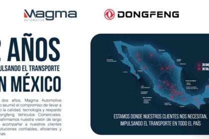 Infografía de Grupo Magma y Dongfeng Vehículos Comerciales que conmemora dos años de operaciones en México, mostrando un mapa con la cobertura nacional de 26 showrooms y 26 talleres.