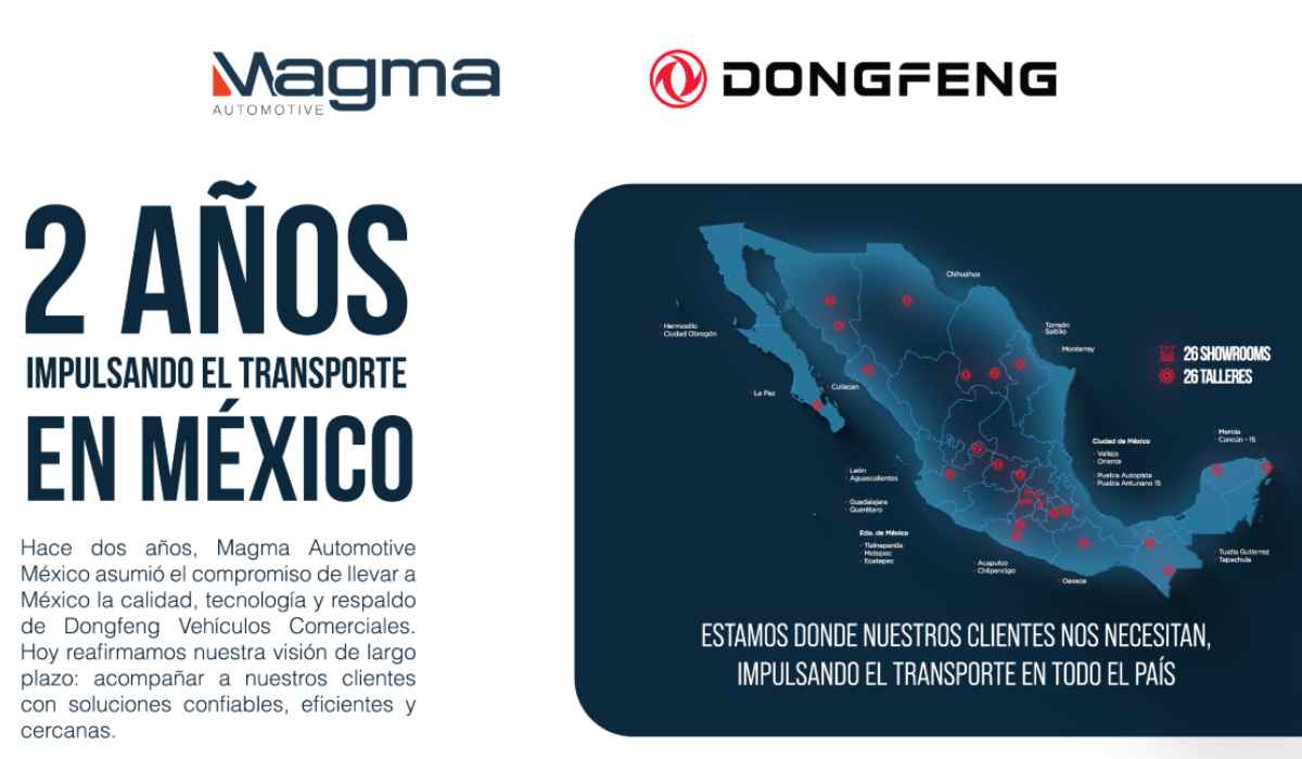 Infografía de Grupo Magma y Dongfeng Vehículos Comerciales que conmemora dos años de operaciones en México, mostrando un mapa con la cobertura nacional de 26 showrooms y 26 talleres.