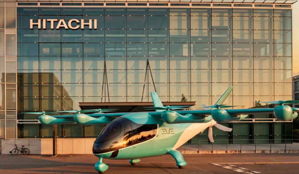 Aeronave eléctrica eVTOL de Eve frente a un edificio de Hitachi