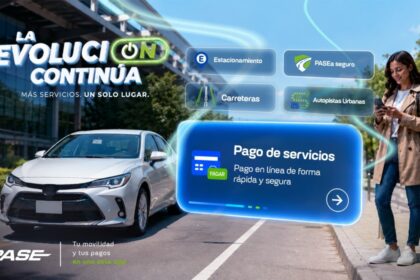 Promoción de la app PASE mostrando pago de servicios en línea, peajes de carreteras, autopistas urbanas y estacionamiento desde el celular.