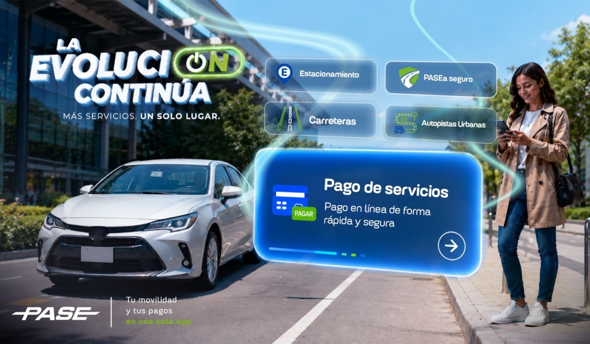 Promoción de la app PASE mostrando pago de servicios en línea, peajes de carreteras, autopistas urbanas y estacionamiento desde el celular.