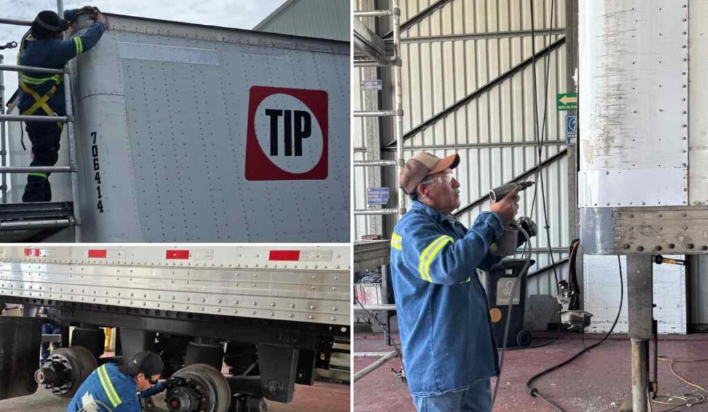 Técnicos de TIP México realizan mantenimiento preventivo e inspección mecánica de un remolque de carga para fortalecer la seguridad vial en carreteras.