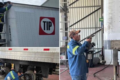Técnicos de TIP México realizan mantenimiento preventivo e inspección mecánica de un remolque de carga para fortalecer la seguridad vial en carreteras.