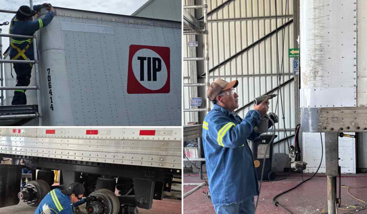 Técnicos de TIP México realizan mantenimiento preventivo e inspección mecánica de un remolque de carga para fortalecer la seguridad vial en carreteras.
