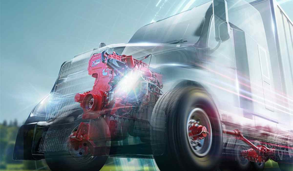 Tractocamión con motor Cummins X15 y componentes del tren motriz visibles mediante efecto de transparencia, representando la transición energética del autotransporte de carga.