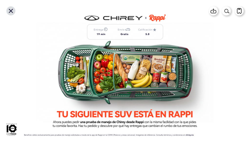 Chirey y Rappi llevan hasta la puerta de tu casa o trabajo alguno de los seis modelos más exitosos de la marca para que puedas probarlos.