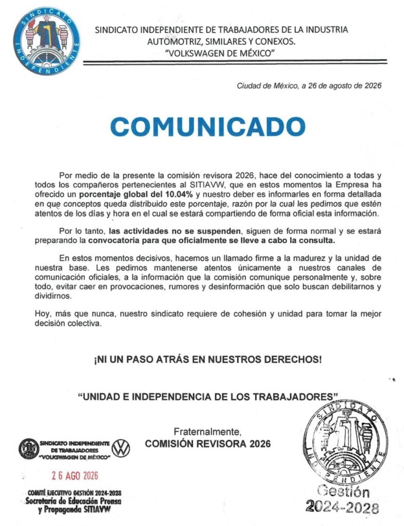 Comunicado oficial del SITIAVW entorno al acuerdo con Volkswagen.