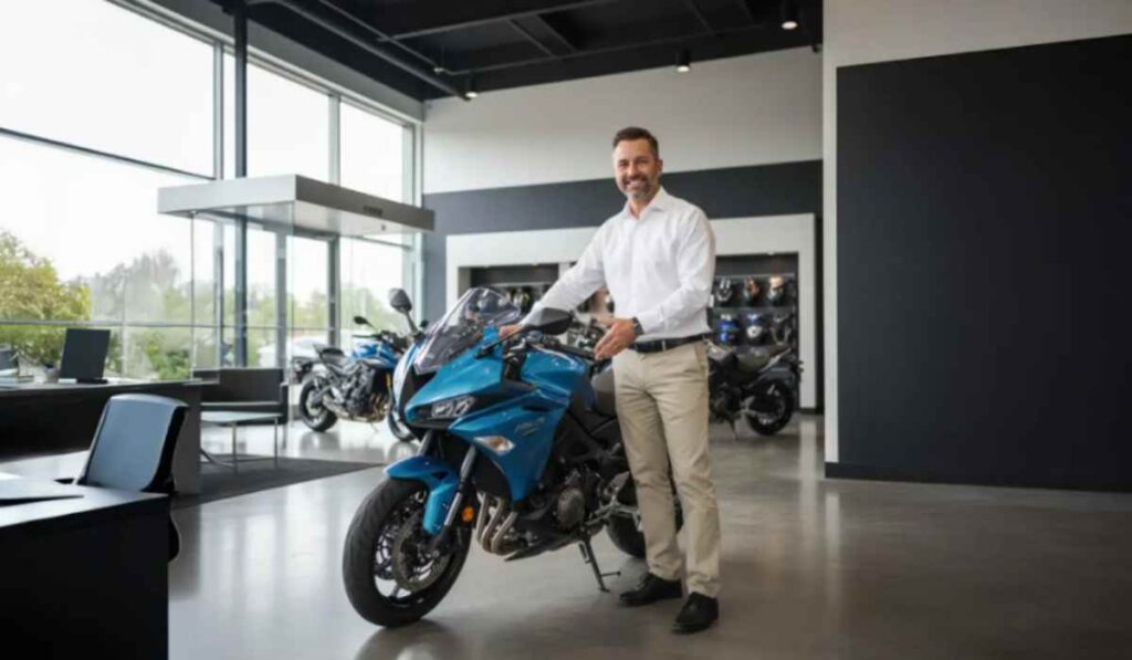 Hombre posando sonriente junto a una moto deportiva azul en una agencia de ventas, ilustrando los consejos para elegir la primera motocicleta.