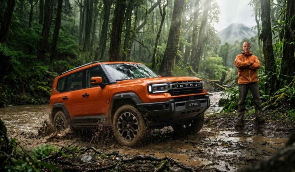 El explorador británico Ed Stafford junto a un JETOUR G700 de color naranja sobre un camino de lodo en la selva ecuatoriana, con el volcán Reventador al fondo.