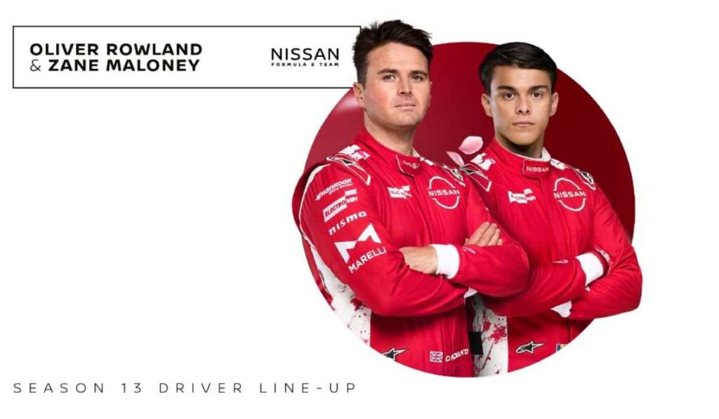 Oliver Rowland y Zane Maloney posan con el traje oficial del equipo Nissan Formula E Team para presentar la alineación de pilotos de la Temporada 13.