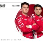 Oliver Rowland y Zane Maloney posan con el traje oficial del equipo Nissan Formula E Team para presentar la alineación de pilotos de la Temporada 13.