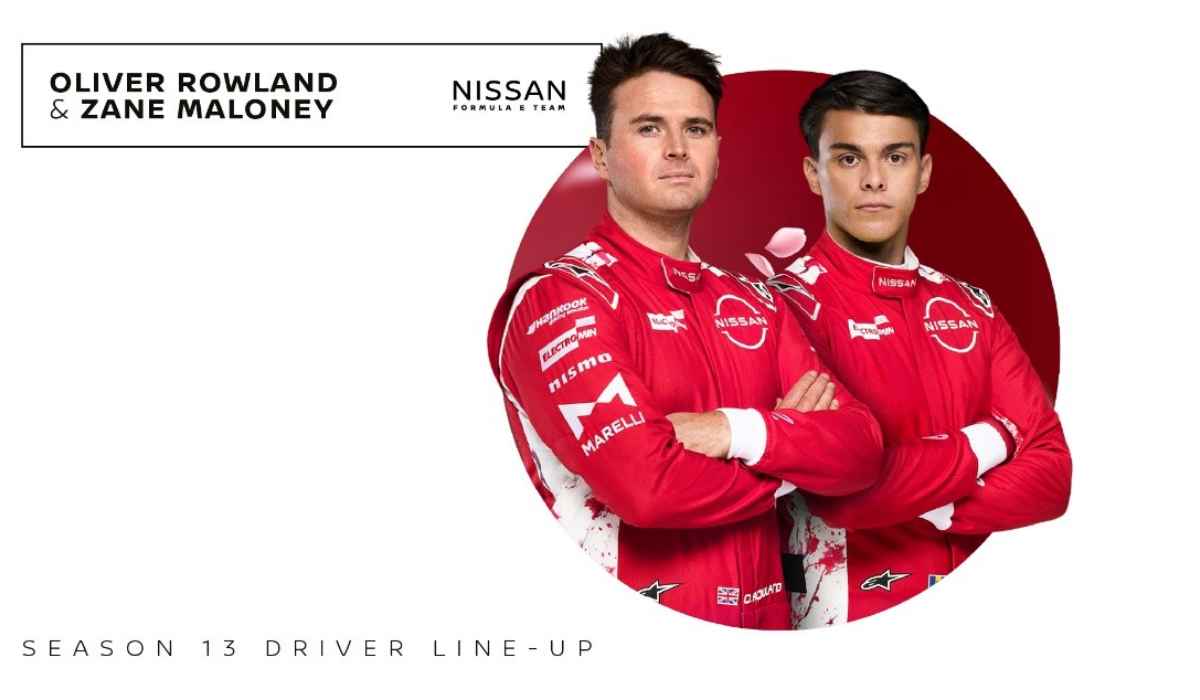 Oliver Rowland y Zane Maloney posan con el traje oficial del equipo Nissan Formula E Team para presentar la alineación de pilotos de la Temporada 13.