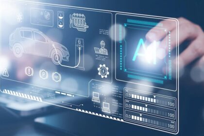 Interfaz gráfica digital futurista con hologramas de un automóvil eléctrico, procesador de IA y métricas del sistema vehicular operadas por un usuario.