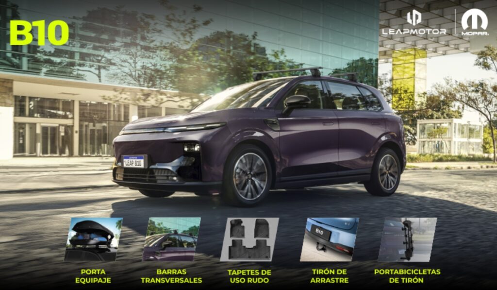 SUV Leapmotor B10 morado equipado con accesorios Mopar y una infografía inferior que muestra sus complementos originales.