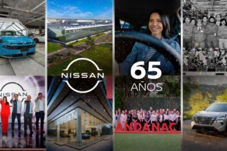 Collage conmemorativo de Nissan que muestra líneas de ensamblaje, plantas de producción, distribuidores ANDANAC y el texto 65 Años.
